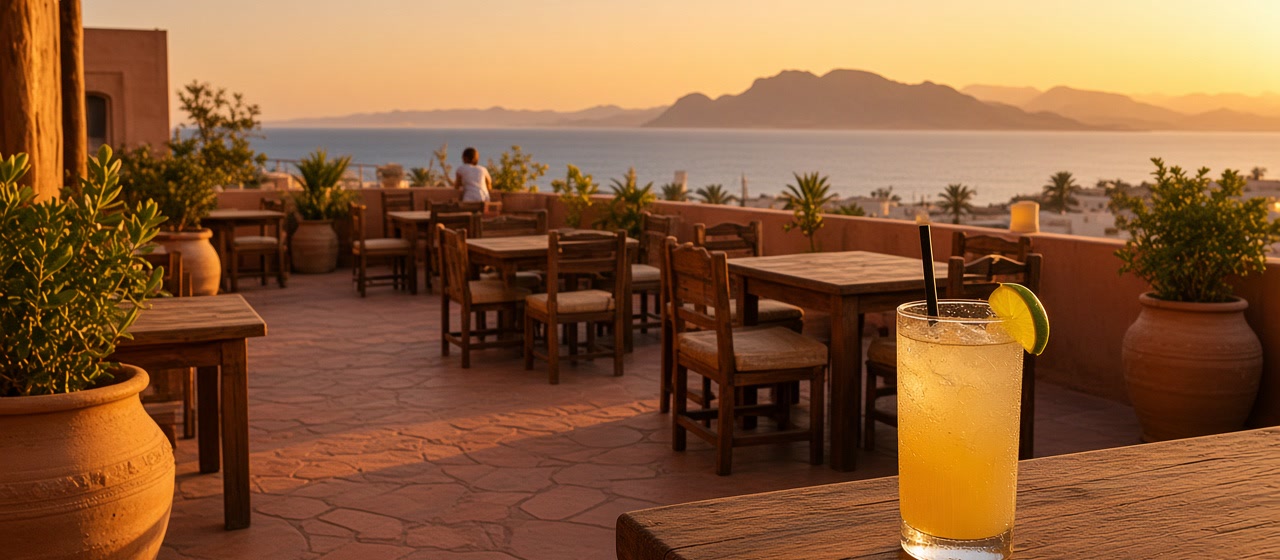 Sunset over the Red Sea from a Sharm rooftop terrace