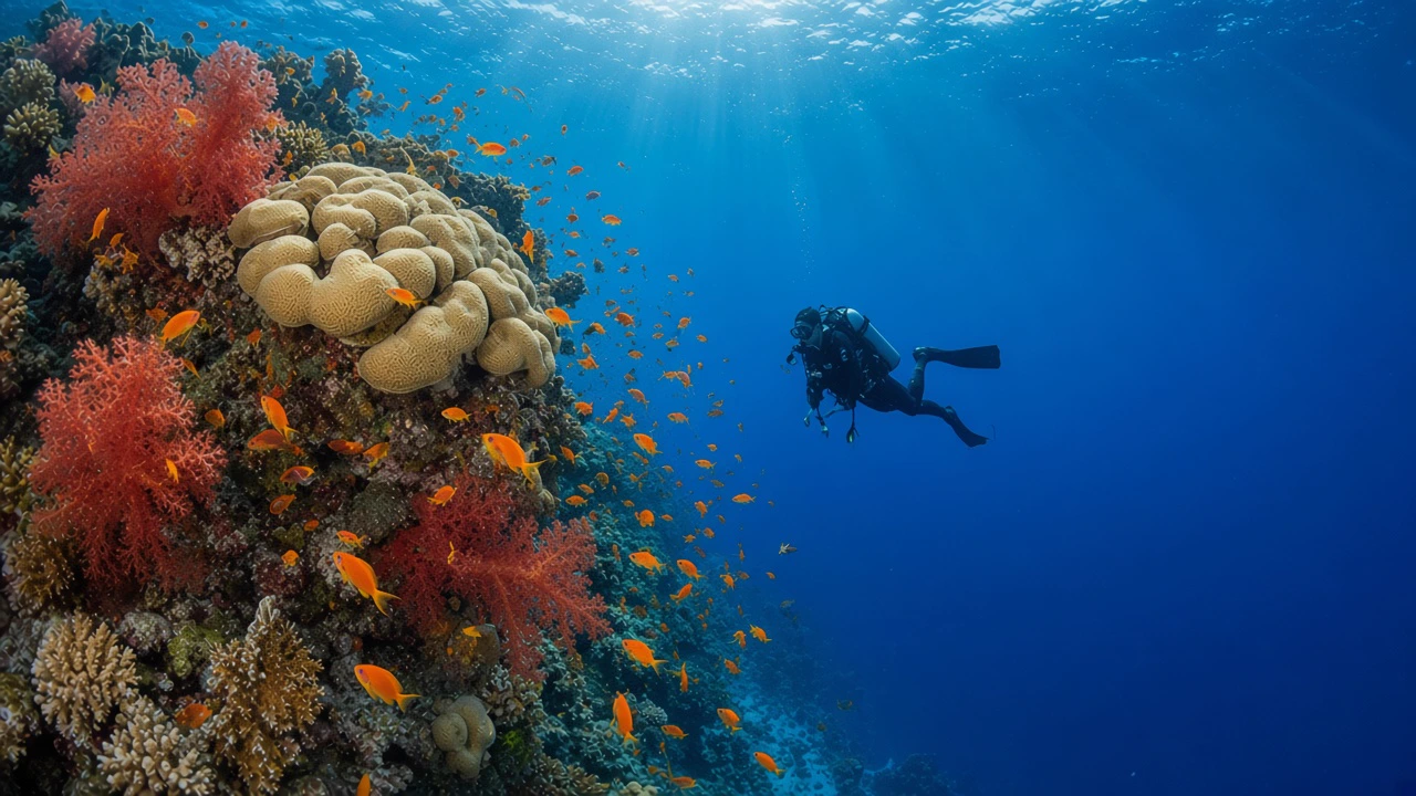 Ras Mohammed reef wall dropping into open Red Sea water